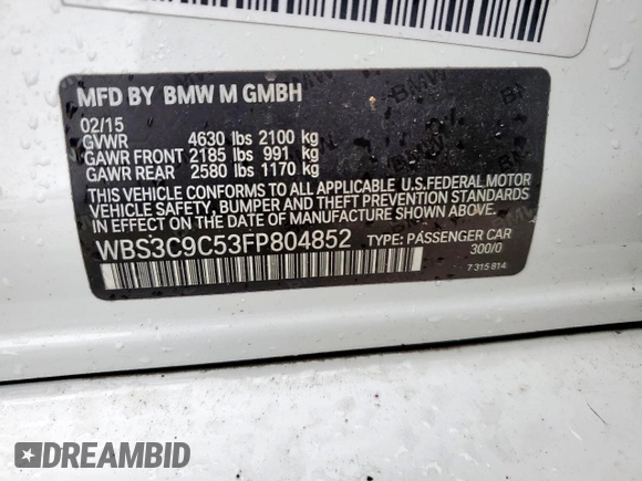 2015 BMW M3 with VIN WBS3C9C53FP804852, listed as a Copart auction lot 60837835 with Not provided miles and Salvage title. Bid and sale history available at DreamBid. Image 12.