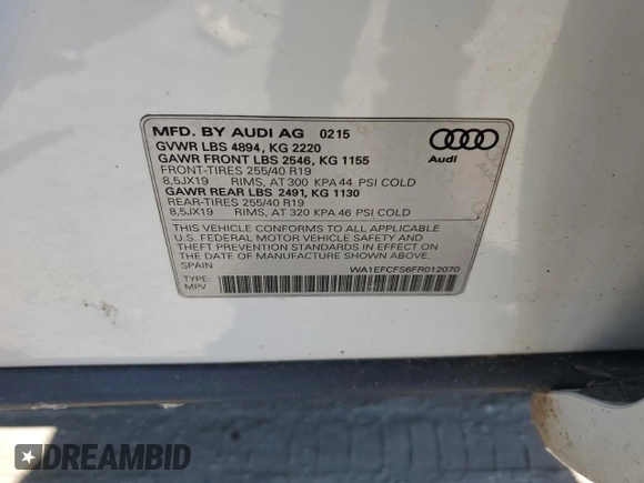 2015 Audi Q3 Premium Plus with VIN WA1EFCFS6FR012070, listed as a Copart auction lot 58174205 with 158,918 mi miles and Clean title. Bid and sale history available at DreamBid. Image 12.