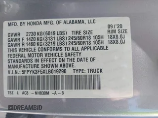 2020 Honda Ridgeline RTL with VIN 5FPYK3F5XLB019296, listed as a IAAI auction lot 42204290 with 48,197 mi miles and . Bid and sale history available at DreamBid. Image 9.