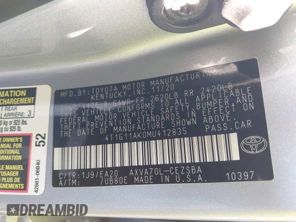 2021 Toyota Camry SE Nightshade with VIN 4T1G11AK0MU412835, listed as a IAAI auction lot 41592078 with 106,270 mi miles. Bid and sale history available at carsss.com. Image 9.