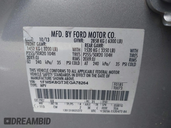 2014 Ford Explorer Sport with VIN 1FM5K8GT3EGA78264, listed as a IAAI auction lot 42532253 with 197,753 mi miles and . Bid and sale history available at DreamBid. Image 9.