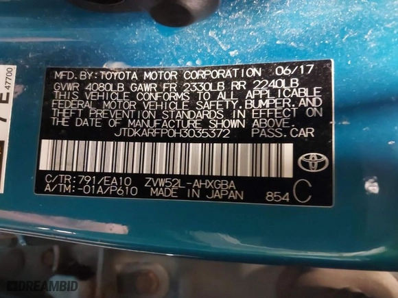 2017 Toyota Prius Prime Plus with VIN JTDKARFP0H3035372, listed as a IAAI auction lot 41394221 with NaN miles. Bid and sale history available at carsss.com. Image 9.