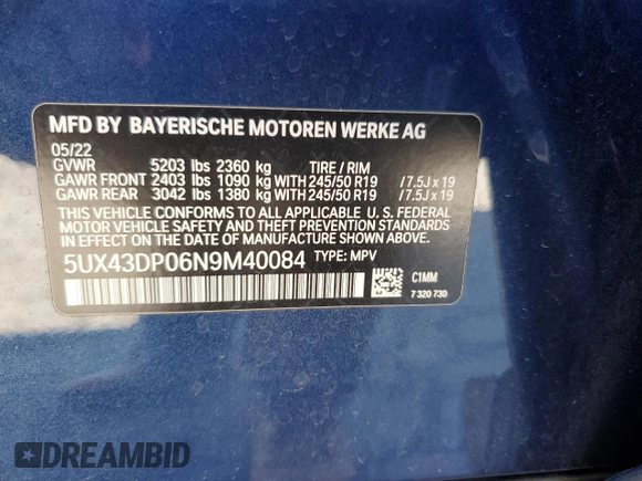 2022 BMW X3 sDrive30i with VIN 5UX43DP06N9M40084, listed as a Copart auction lot 84250634 with 60,914 mi miles and Clean Title. Bid and sale history available at DreamBid. Image 13.