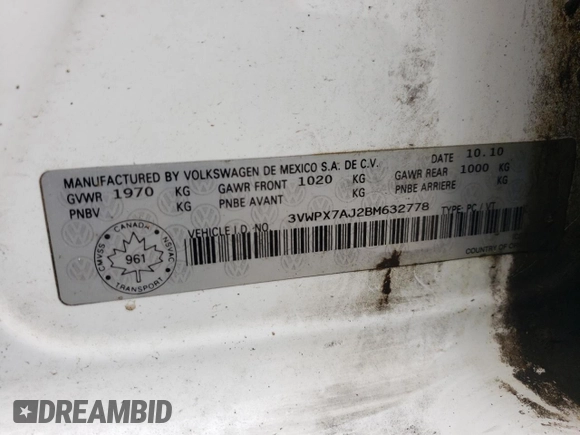 2011 Volkswagen Jetta S with VIN 3VWPX7AJ2BM632778, listed as a Copart auction lot 63679895 with Not provided miles and Salvage title. Bid and sale history available at DreamBid. Image 12.