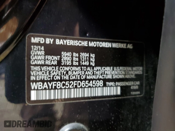 2015 BMW 7 Series 750Li xDrive with VIN WBAYF8C52FD654598, listed as a Copart auction lot 55745555 with 108,958 mi miles and Salvage title. Bid and sale history available at DreamBid. Image 12.