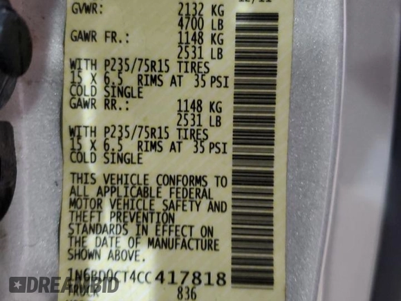 2012 Nissan Frontier SV with VIN 1N6BD0CT4CC417818, listed as a Copart auction lot 55383925 with Not provided miles and Salvage title. Bid and sale history available at DreamBid. Image 12.