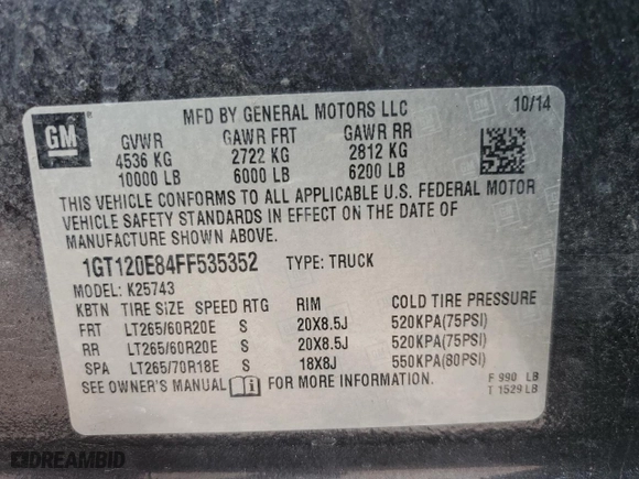 2015 GMC Sierra 2500HD available WiFi Denali with VIN 1GT120E84FF535352, listed as a Copart auction lot 46753315 with NaN miles and Salvage Title. Bid and sale history available at carsss.com. Image 12.