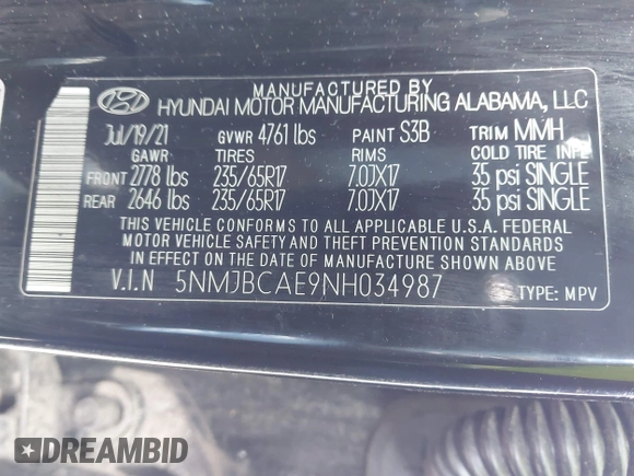 2022 Hyundai Tucson SEL z VIN 5NMJBCAE9NH034987, wystawiony jako IAAI lot #41979143 z przebiegiem 68 625 mil mil oraz . Historia ofert i sprzedaży dostępna na DreamBid. Obrazek 9.