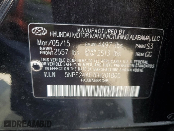 2015 Hyundai Sonata 2.4L SE with VIN 5NPE24AF7FH201805, listed as a Copart auction lot 84956864 with 122,603 mi miles and Salvage Title. Bid and sale history available at carsss.com. Image 13.