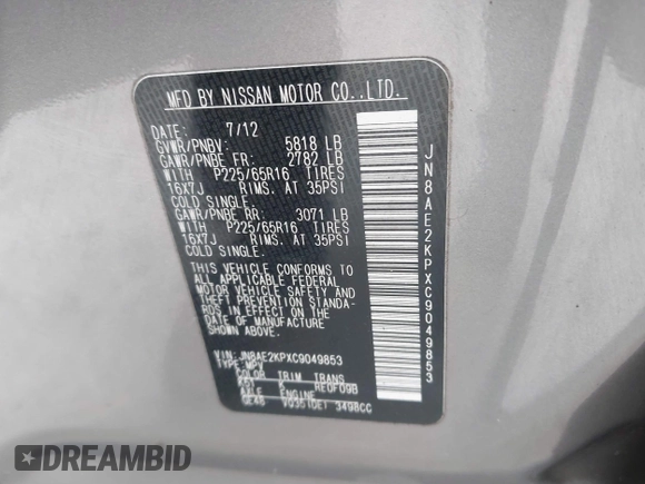 2012 Nissan Quest S z VIN JN8AE2KPXC9049853, wystawiony jako IAAI lot #41377051 z przebiegiem 114 808 mil mil oraz . Historia ofert i sprzedaży dostępna na DreamBid. Obrazek 9.