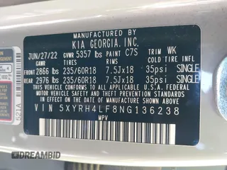 2022 Kia Sorento EX z VIN 5XYRH4LF8NG136238, wystawiony jako IAAI lot #41963656 z przebiegiem 78 713 mil mil oraz . Historia ofert i sprzedaży dostępna na DreamBid. Obrazek 9.