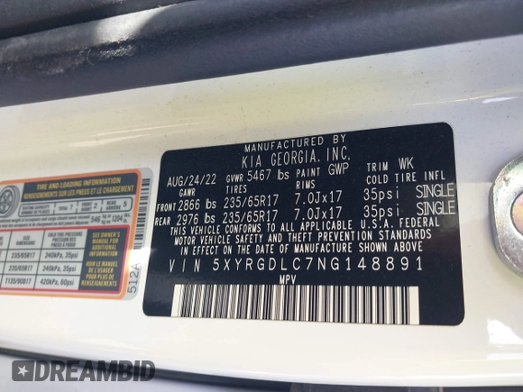 2022 Kia Sorento LX z VIN 5XYRGDLC7NG148891, wystawiony jako IAAI lot #41781953 z przebiegiem 58 100 mil mil oraz . Historia ofert i sprzedaży dostępna na DreamBid. Obrazek 9.
