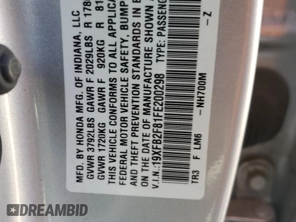 2015 Honda Civic EX with VIN 19XFB2F81FE200298, listed as a Copart auction lot 50373225 with 128,805 mi miles and Salvage Title. Bid and sale history available at DreamBid. Image 14.