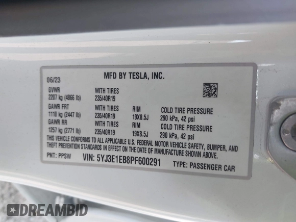 2023 Tesla Model 3 Long Range with VIN 5YJ3E1EB8PF600291, listed as a IAAI auction lot 41651156 with 37,055 mi miles and . Bid and sale history available at DreamBid. Image 9.