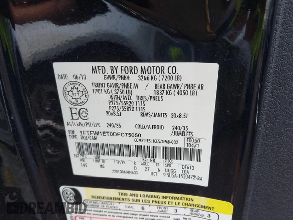 2013 Ford F-150 XL with VIN 1FTFW1ET0DFC75050, listed as a IAAI auction lot 42606172 with 107,115 mi miles and . Bid and sale history available at DreamBid. Image 9.