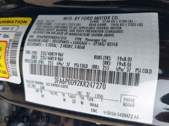 2019 Ford Fusion Titanium with VIN 3FA6P0D92KR247270, listed as a IAAI auction lot 42474803 with Not provided miles and . Bid and sale history available at DreamBid. Image 9.