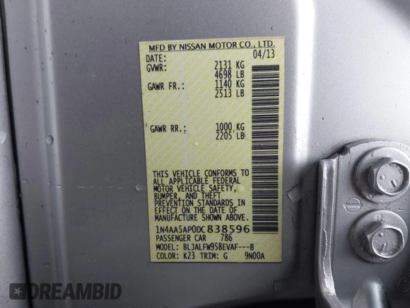 2013 Nissan Maxima S with VIN 1N4AA5AP0DC838596, listed as a IAAI auction lot 41992360 with 117,096 mi miles and . Bid and sale history available at DreamBid. Image 9.