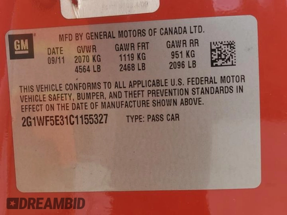 2012 Chevrolet Impala LS Fleet with VIN 2G1WF5E31C1155327, listed as a Copart auction lot 46858885 with 84,617 mi miles and Salvage title. Bid and sale history available at DreamBid. Image 13.