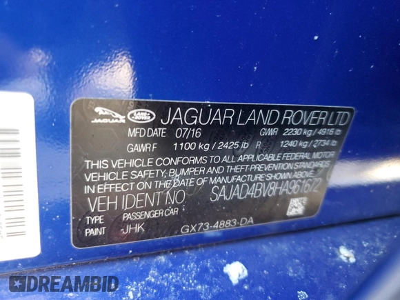 2017 Jaguar XE 35t Premium with VIN SAJAD4BV8HA961672, listed as a Copart auction lot 42923875 with 33,655 mi miles and Salvage Title. Bid and sale history available at DreamBid. Image 13.