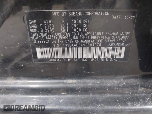 2021 Subaru Impreza with VIN 4S3GKAB64M3601075, listed as a IAAI auction lot 42530164 with 90,522 mi miles and . Bid and sale history available at DreamBid. Image 9.