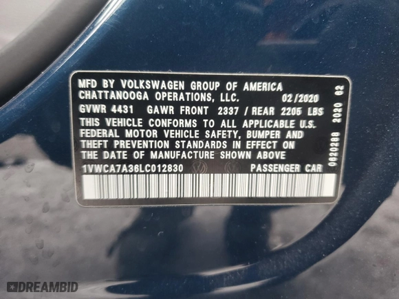 2020 Volkswagen Passat 2.0T SEL with VIN 1VWCA7A36LC012830, listed as a Copart auction lot 88077115 with 98,988 mi miles and Salvage Title. Bid and sale history available at carsss.com. Image 14.