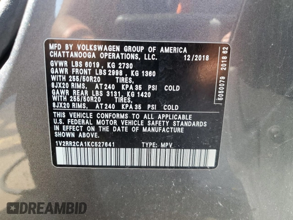 2019 Volkswagen Atlas SEL R-Line с VIN 1V2RR2CA1KC527641, выставлен на аукционе Copart как лот 54168715 с пробегом 133 545 миль миль и Списание • Salvage title. История ставок и продаж доступна на DreamBid. Изображение 14.