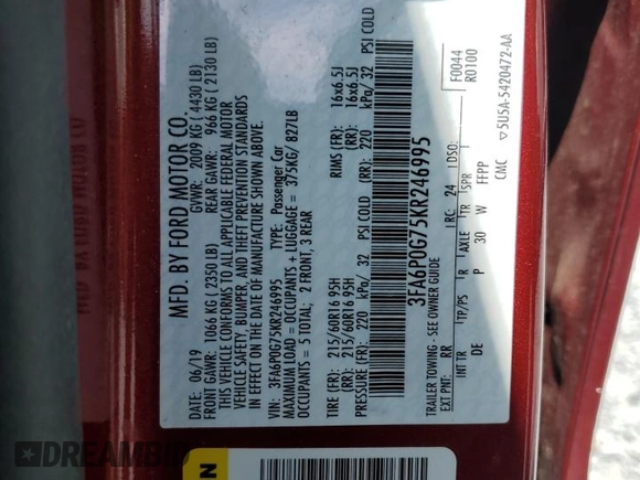 2019 Ford Fusion S with VIN 3FA6P0G75KR246995, listed as a Copart auction lot 50477645 with 79,492 mi miles and Salvage Title. Bid and sale history available at DreamBid. Image 12.