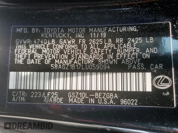 2020 Lexus ES 350 F Sport with VIN 58AGZ1B17LU059094, listed as a Copart auction lot 61408215 with 107,194 mi miles and Salvage title. Bid and sale history available at DreamBid. Image 13.