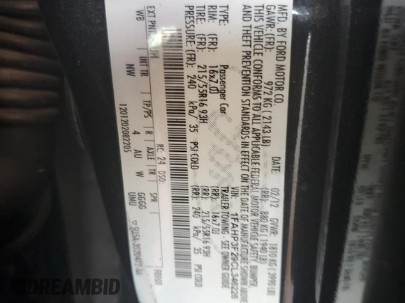 2012 Ford Focus SE with VIN 1FAHP3F29CL346226, listed as a Copart auction lot 61029345 with 172,533 mi miles and Salvage title. Bid and sale history available at DreamBid. Image 12.