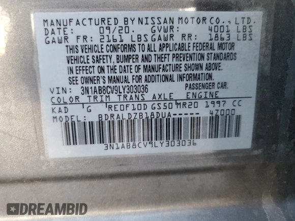 2020 Nissan Sentra SV with VIN 3N1AB8CV9LY303036, listed as a Copart auction lot 46229804 with 103,755 mi miles and Salvage Title. Bid and sale history available at carsss.com. Image 12.
