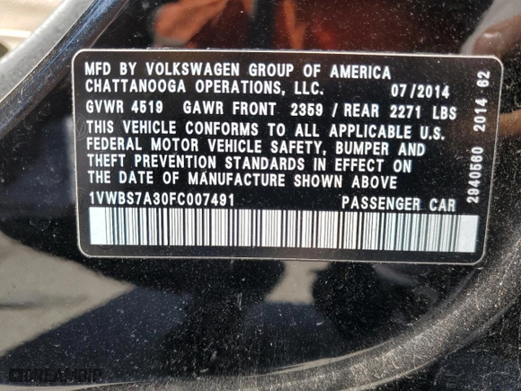 2015 Volkswagen Passat 1.8T SE w/Sunroof & Nav with VIN 1VWBS7A30FC007491, listed as a Copart auction lot 47644975 with NaN miles and Salvage Title. Bid and sale history available at carsss.com. Image 12.