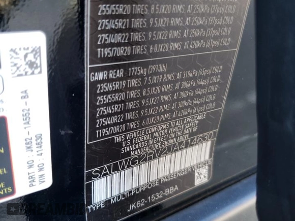 2018 Land Rover Range Rover Sport SE with VIN SALWG2RV2JA414630, listed as a Copart auction lot 72763004 with 57,349 mi miles and Salvage title. Bid and sale history available at DreamBid. Image 13.