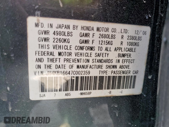 2007 Acura RL Tech Pkg with VIN JH4KB16647C002359, listed as a Copart auction lot 49576285 with 0 mi miles and Salvage Title. Bid and sale history available at carsss.com. Image 14.