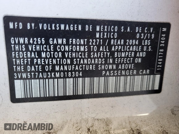 2019 Volkswagen GTI S with VIN 3VW5T7AU3KM018304, listed as a Copart auction lot 56257405 with 70,892 mi miles and Salvage title. Bid and sale history available at DreamBid. Image 12.