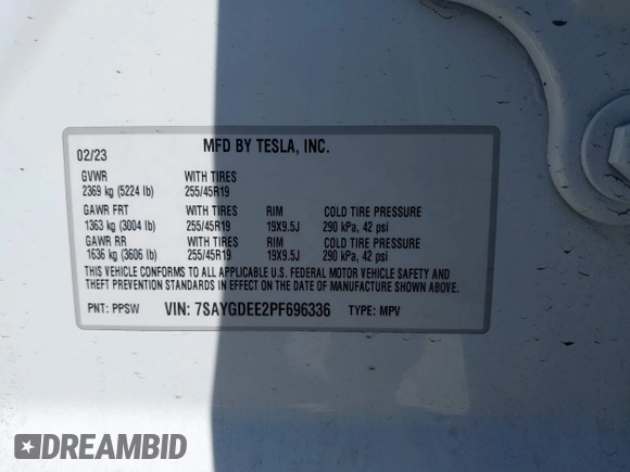 2023 Tesla Model Y Long Range with VIN 7SAYGDEE2PF696336, listed as a IAAI auction lot 41894686 with 34,203 mi miles. Bid and sale history available at carsss.com. Image 9.