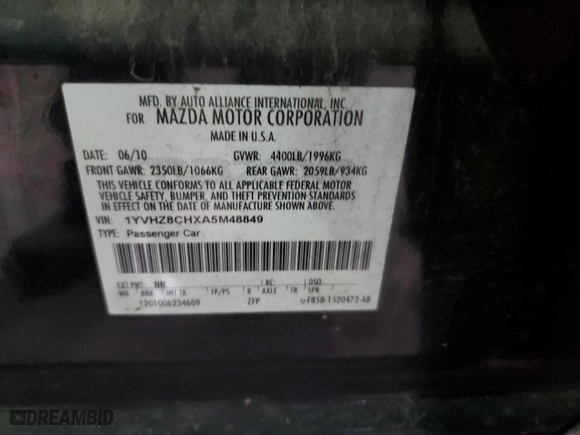2010 Mazda Mazda6 i Touring Plus with VIN 1YVHZ8CHXA5M48849, listed as a Copart auction lot 41699675 with 229,448 mi miles and Non Repairable. Bid and sale history available at carsss.com. Image 13.