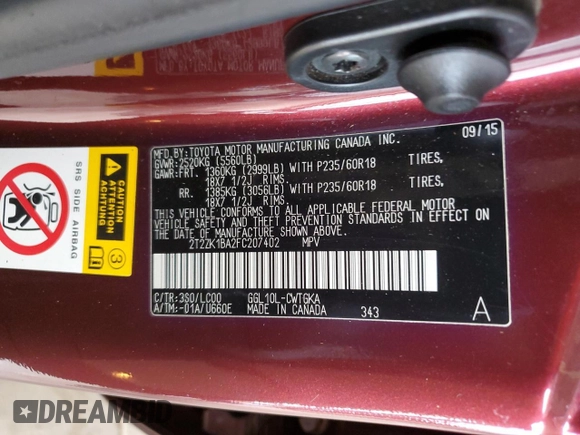 2015 Lexus RX 350 с VIN 2T2ZK1BA2FC207402, выставлен на аукционе Copart как лот 65646545 с пробегом 114 208 миль миль и Списание • Salvage title. История ставок и продаж доступна на DreamBid. Изображение 13.