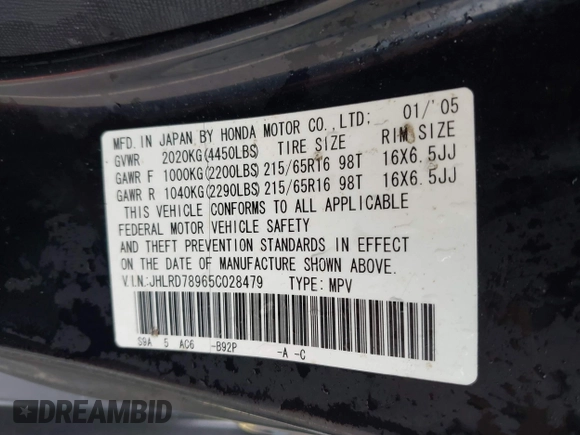 2005 Honda CR-V EX SE with VIN JHLRD78965C028479, listed as a IAAI auction lot 41911939 with 171,023 mi miles. Bid and sale history available at carsss.com. Image 9.