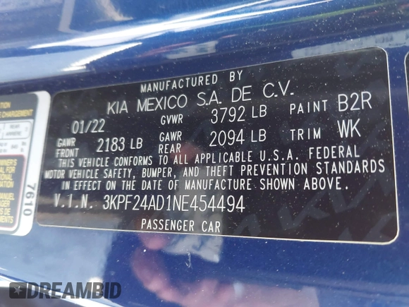 2022 Kia Forte LXS z VIN 3KPF24AD1NE454494, wystawiony jako IAAI lot #42077580 z przebiegiem 53 679 mil mil oraz . Historia ofert i sprzedaży dostępna na DreamBid. Obrazek 9.
