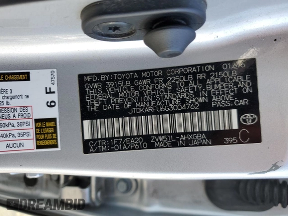 2016 Toyota Prius Four с VIN JTDKARFU6G3004762, выставлен на аукционе Copart как лот 46879575 с пробегом 117 289 миль миль и Списание • Salvage title. История ставок и продаж доступна на DreamBid. Изображение 12.