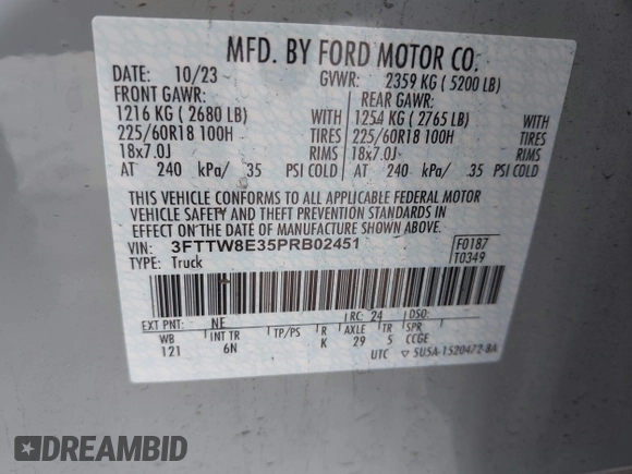 2023 Ford Maverick XL z VIN 3FTTW8E35PRB02451, wystawiony jako IAAI lot #42312955 z przebiegiem 17 459 mil mil oraz . Historia ofert i sprzedaży dostępna na DreamBid. Obrazek 9.