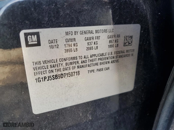 2013 Chevrolet Cruze ECO with VIN 1G1PJ5SB9D7150718, listed as a Copart auction lot 85556184 with 217,950 mi miles and Salvage Title. Bid and sale history available at carsss.com. Image 12.
