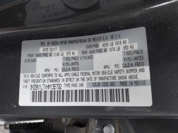 2017 Mazda 3 Touring with VIN 3MZBN1L7XHM135792, listed as a IAAI auction lot 41732569 with 81,368 mi miles and . Bid and sale history available at DreamBid. Image 9.