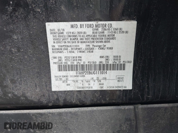 2018 Ford Taurus SEL with VIN 1FAHP2E86JG111014, listed as a IAAI auction lot 42516226 with 46,192 mi miles and . Bid and sale history available at DreamBid. Image 9.