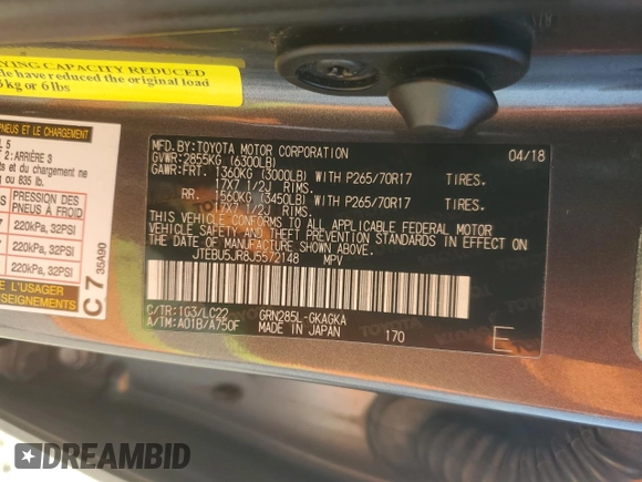 2018 Toyota 4Runner SR5 with VIN JTEBU5JR8J5572148, listed as a Copart auction lot 50132125 with 121,334 mi miles and Salvage Title. Bid and sale history available at DreamBid. Image 13.