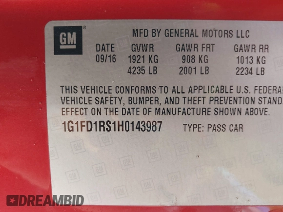 2017 Chevrolet Camaro 2LT with VIN 1G1FD1RS1H0143987, listed as a IAAI auction lot 42011403 with 84,045 mi miles. Bid and sale history available at carsss.com. Image 9.