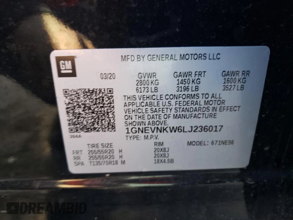 2020 Chevrolet Traverse High Country with VIN 1GNEVNKW6LJ236017, listed as a Copart auction lot 75642904 with 63,395 mi miles and Salvage Title. Bid and sale history available at carsss.com. Image 14.