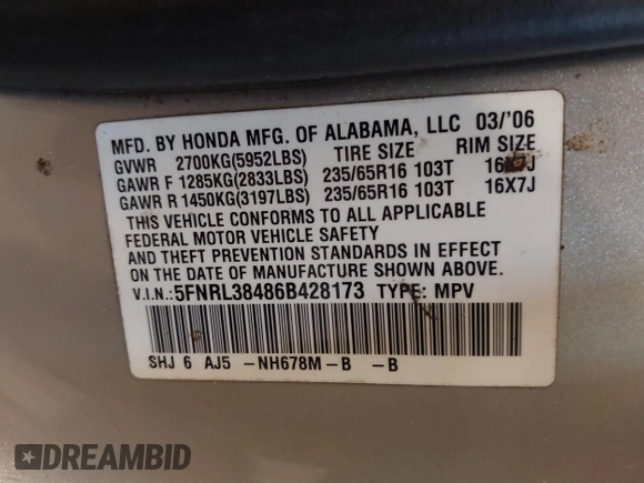 2006 Honda Odyssey EX с VIN 5FNRL38486B428173, выставлен на аукционе IAAI как лот 42385673 с пробегом 196 938 миль миль и . История ставок и продаж доступна на DreamBid. Изображение 9.