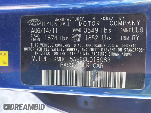 2012 Hyundai Accent GS z VIN KMHCT5AE6CU016983, wystawiony jako IAAI lot #41811208 z przebiegiem 129 152 mil mil oraz . Historia ofert i sprzedaży dostępna na DreamBid. Obrazek 9.