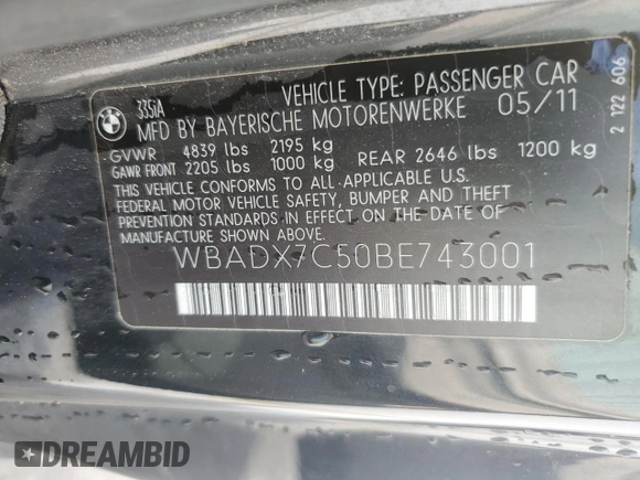 2011 BMW 3 Series 335i with VIN WBADX7C50BE743001, listed as a Copart auction lot 60416125 with 114,811 mi miles and Salvage title. Bid and sale history available at DreamBid. Image 12.